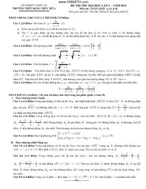Đề thi thử đại học lần 2 - Năm 2014 môn thi Toán khối A, A1 & B Trường THPT Đặng Thúc Hứa